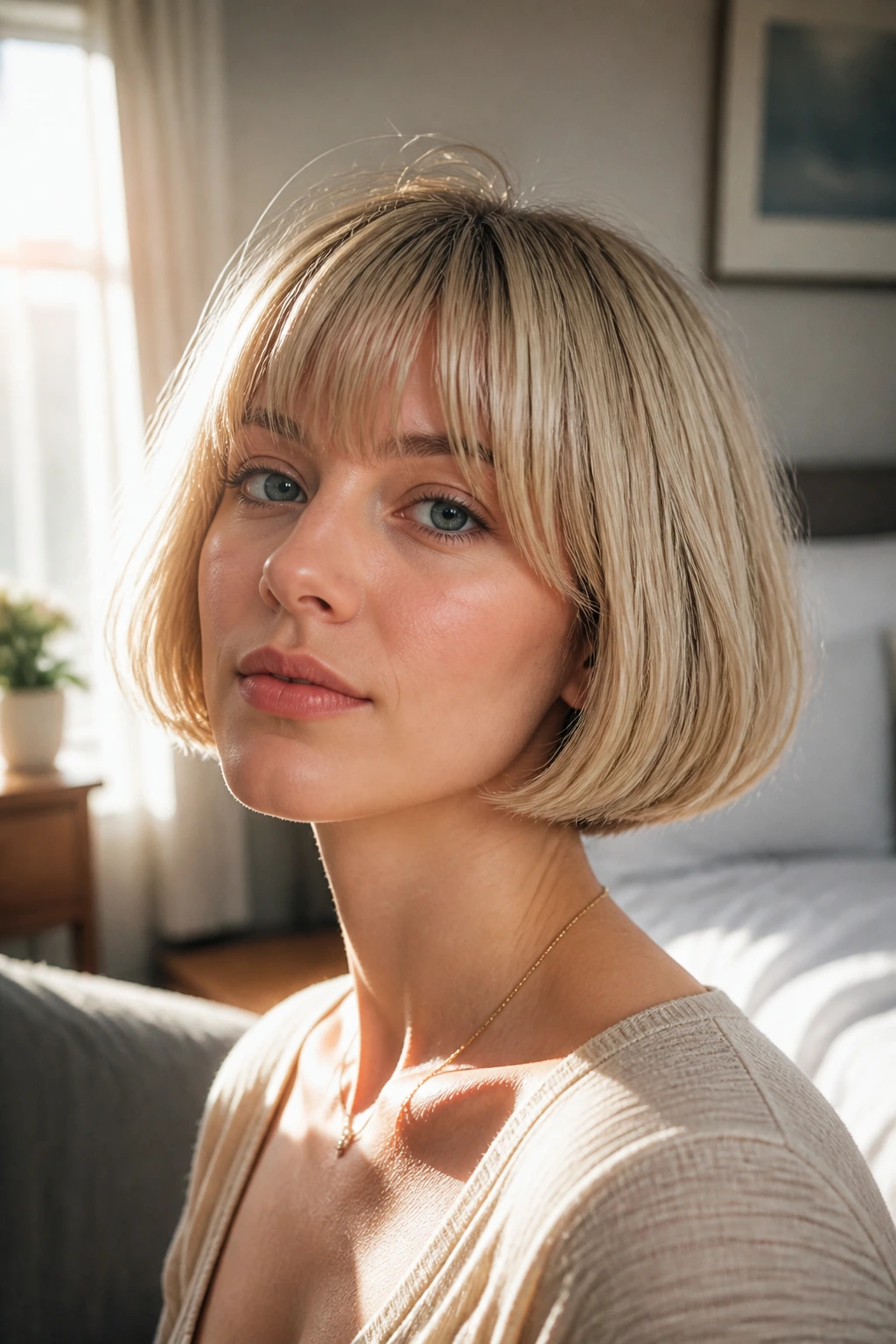 Close-up of a real woman with a chin-length French bob on blonde hair, warm window light