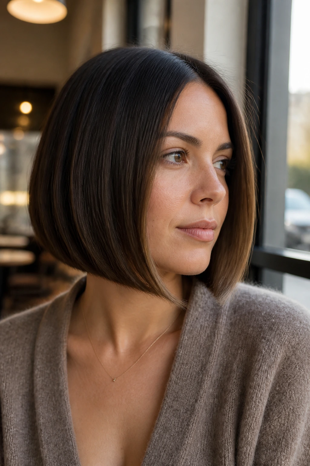 Portrait of a woman with sleek chin-skimming A-line bob in a sunlit cafe setting.