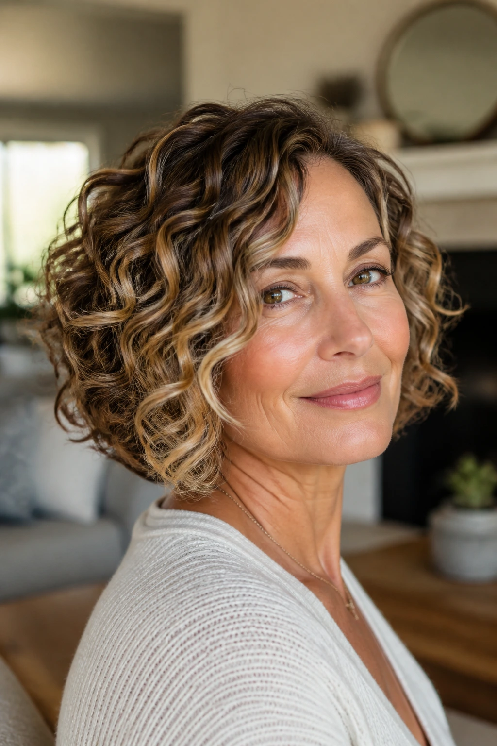 Close-up of a woman with chin-skimming bob and dimensional highlights in soft morning light