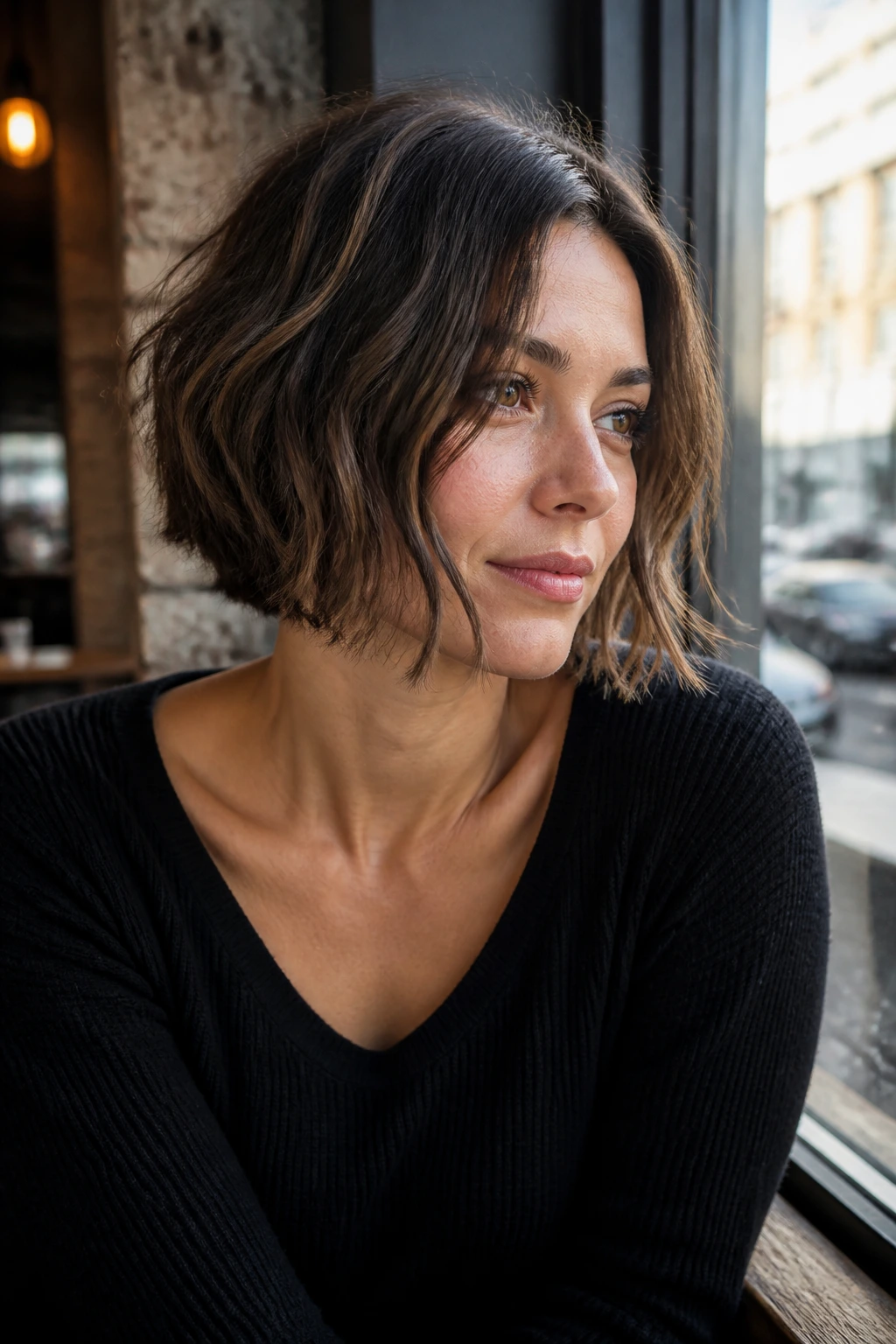 Close-up of a real woman wearing a chin-skimming bob with longer front pieces at a sunny cafe window