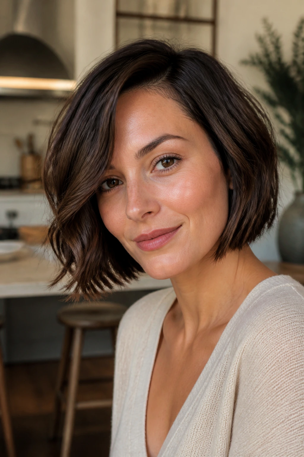 Portrait of a real person with chin-skimming bob and side part.