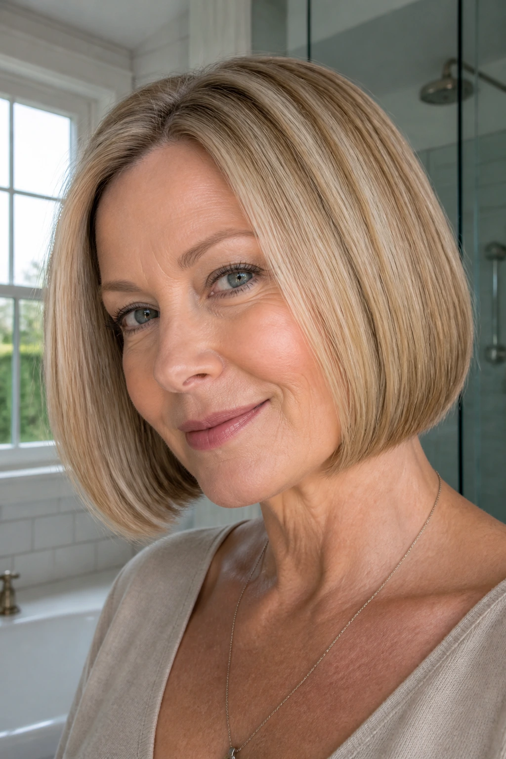 Close-up of a real woman with a chin-skimming rounded bob and blunt bottom.