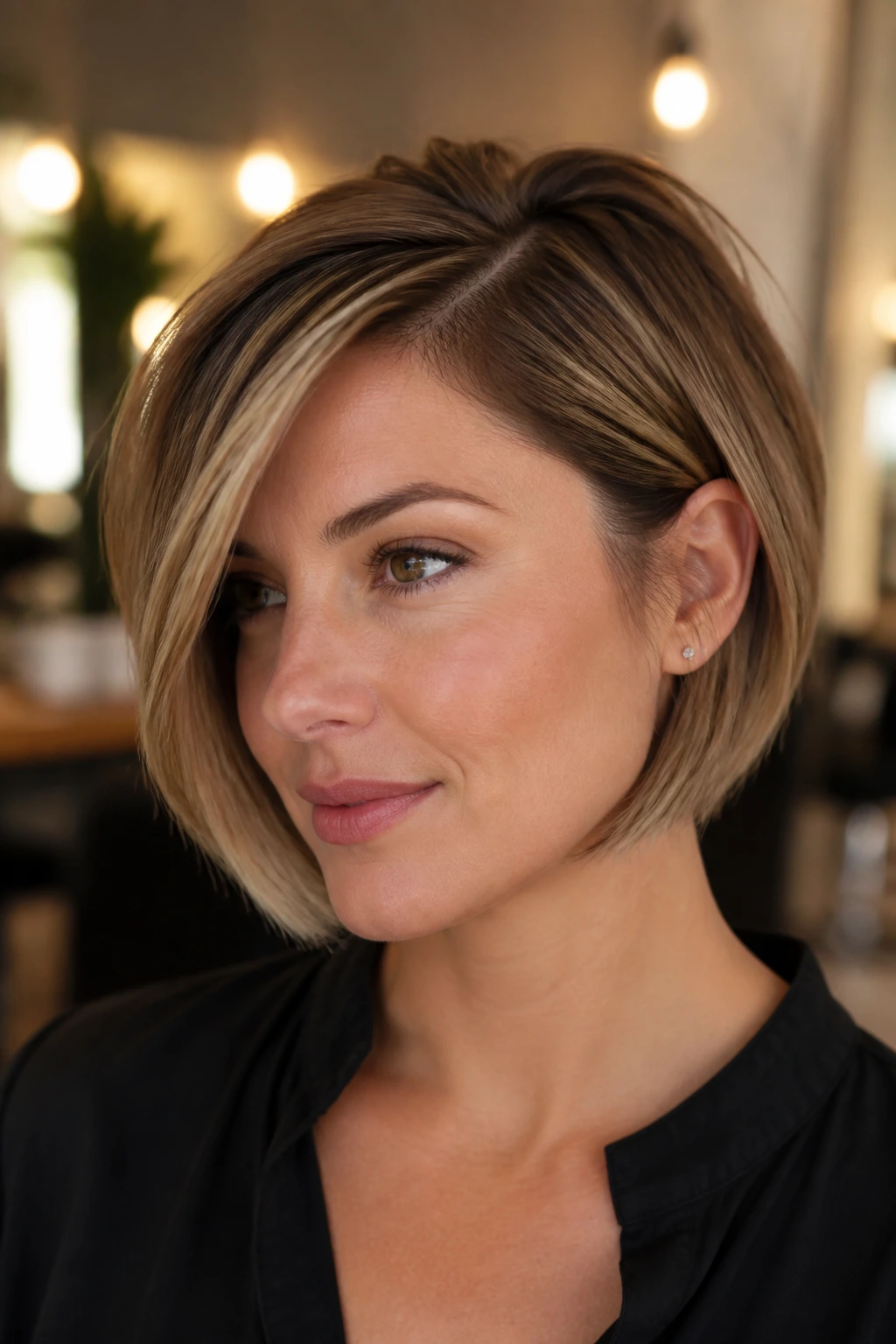Real woman with chin-skimming side-part bob, front pieces skim chin.