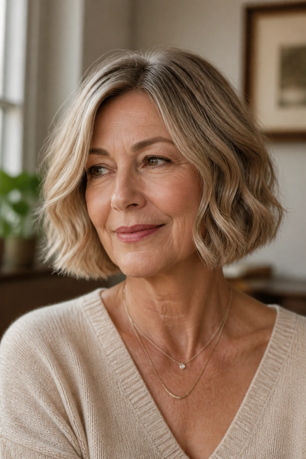Close-up of a real woman with a chin-skimming bob around the chin
