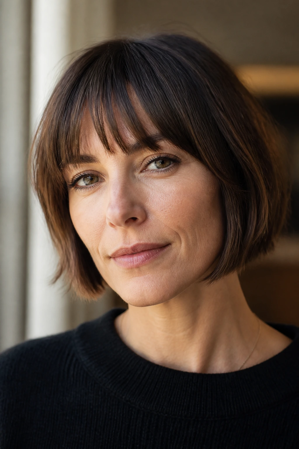 Close-up portrait of a real woman with chin-skimming bob and soft fringe