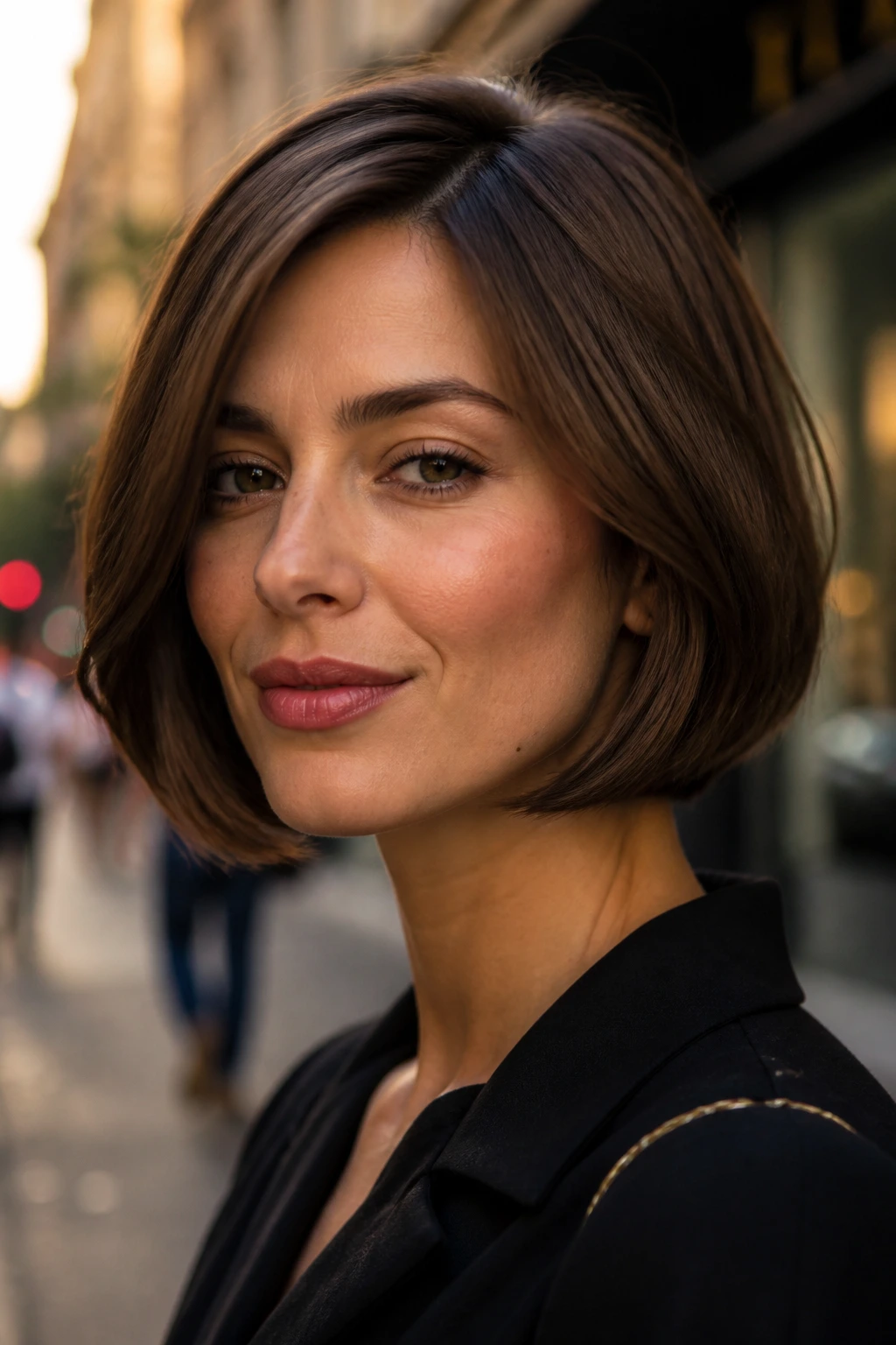 Portrait of a person with a chin-skimming bob and tucked ends.