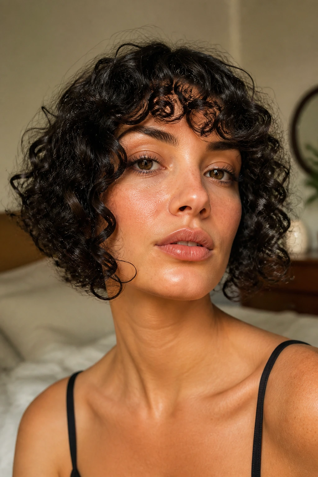 Close-up portrait of a real woman with chin-skimming curly bangs in soft natural bedroom light