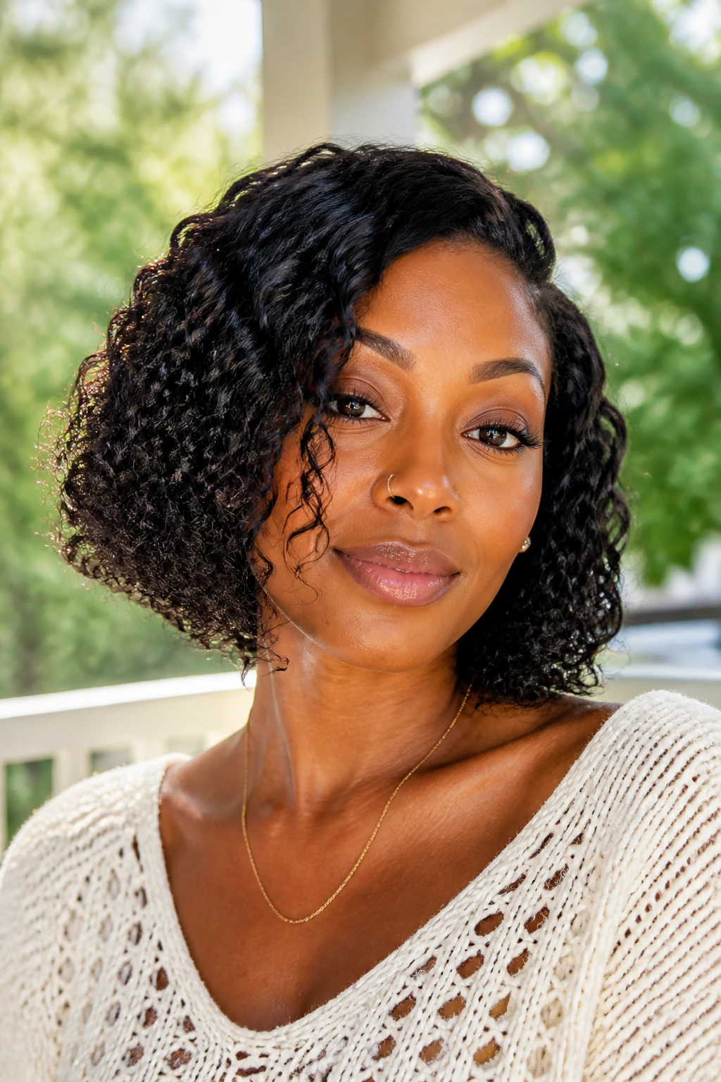 Woman with chin-skimming curly crochet bob in sunny porch setting