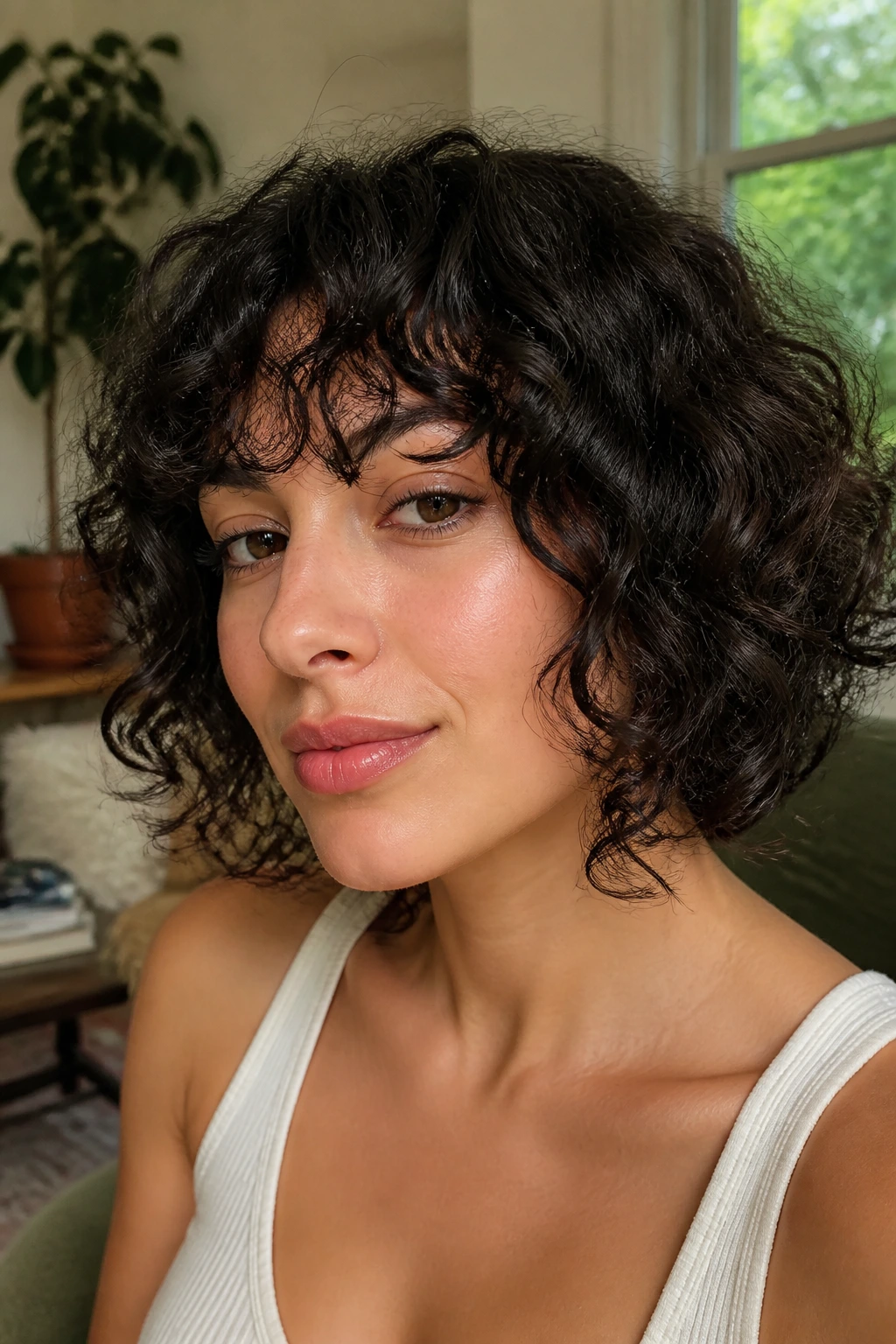 Close-up of a real person with chin-skimming curly fringe.