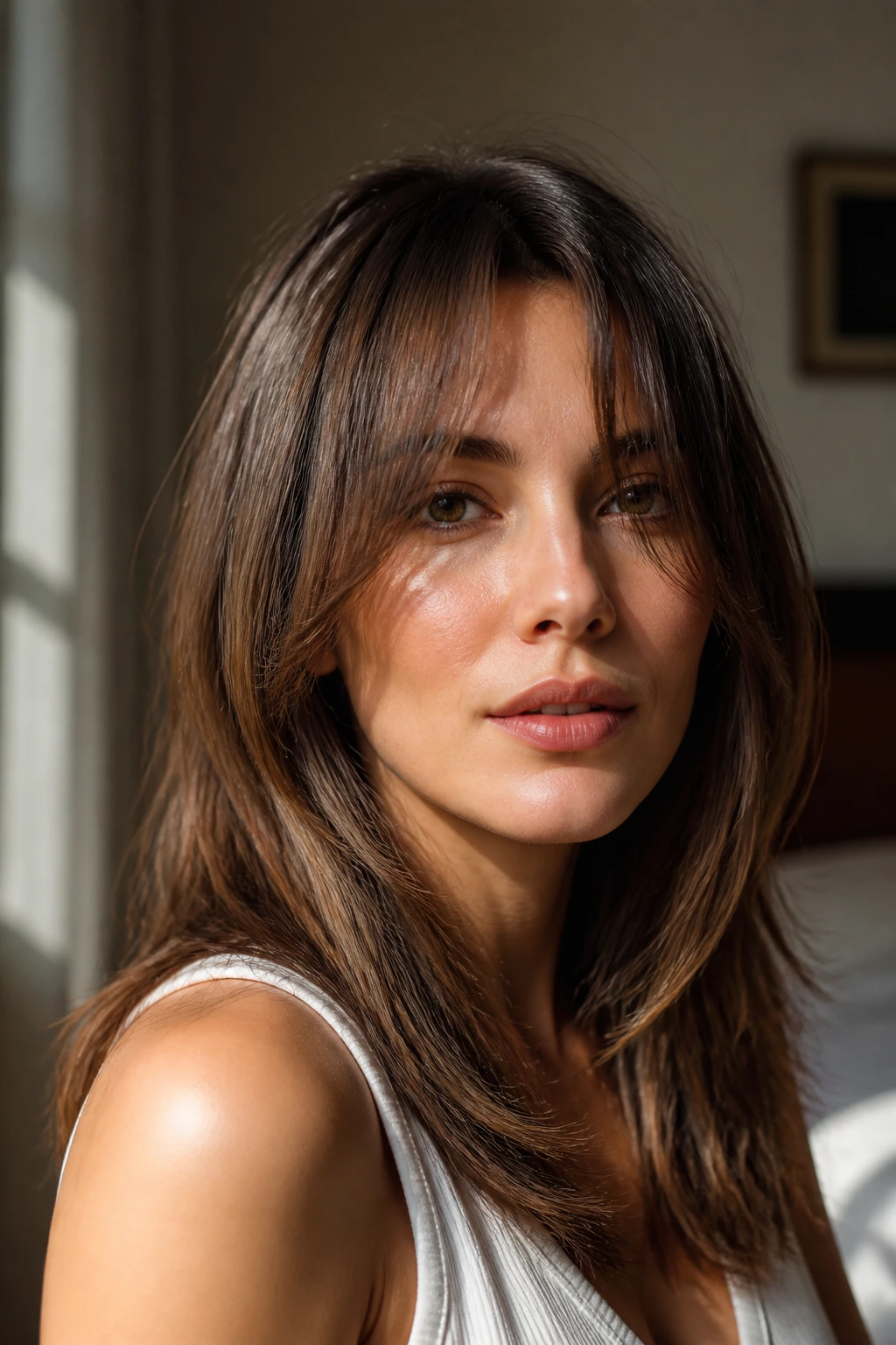 Close-up portrait of a real woman with chin-skimming curtain bangs in warm window light.