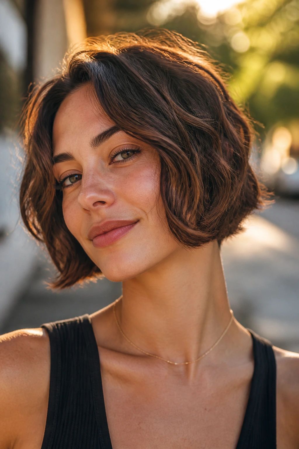 Close-up of a real woman with a chin-skimming curved bob