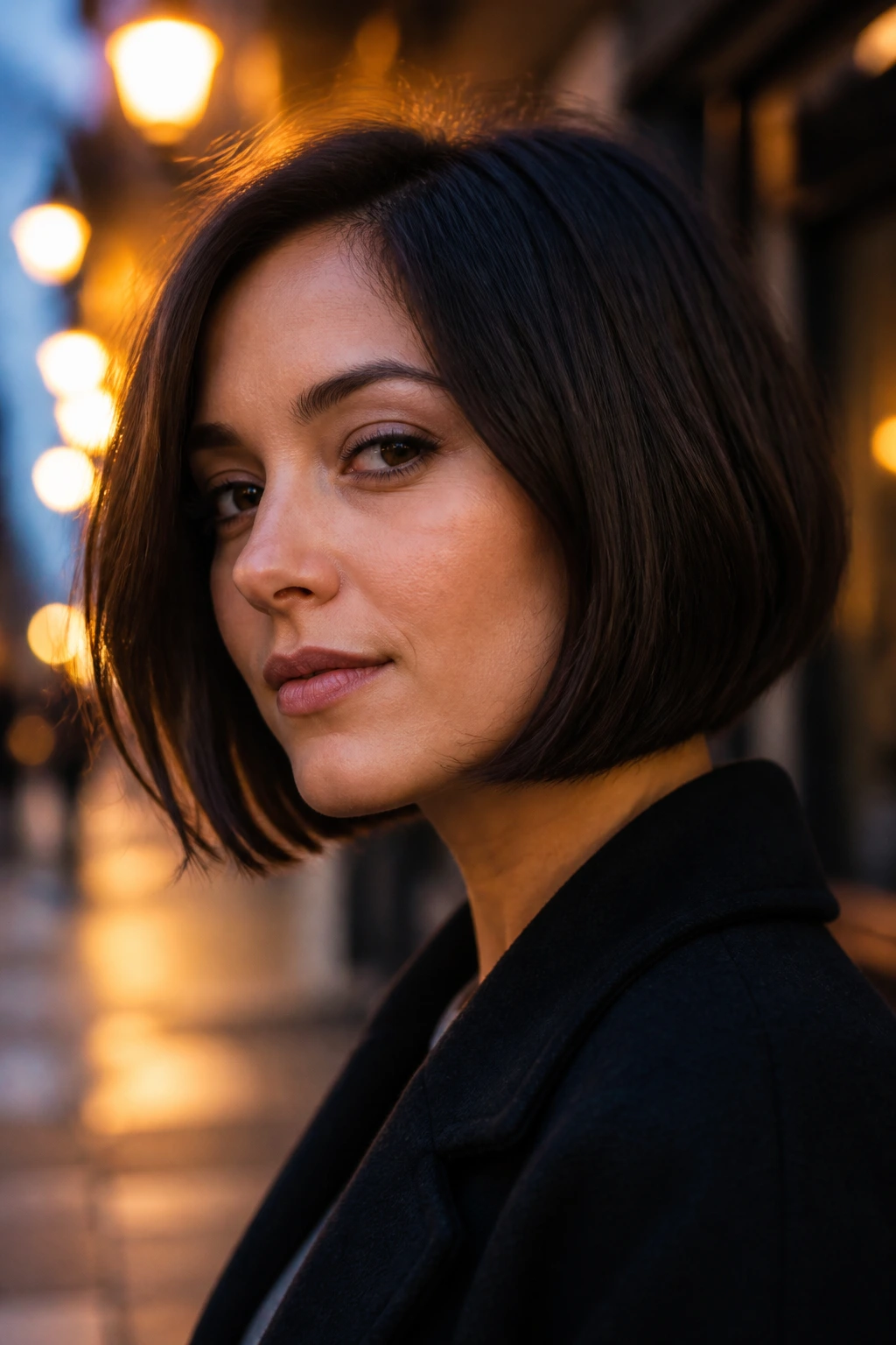 Portrait of a real woman with chin-skimming curved boyfriend bob