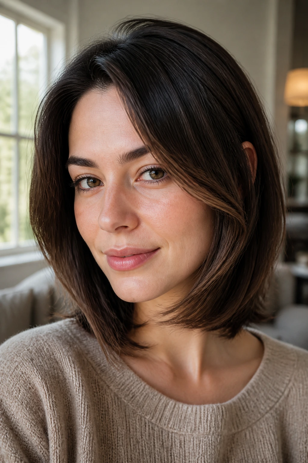 Close-up of oval-faced person with chin-skimming face frame on mid-length hair