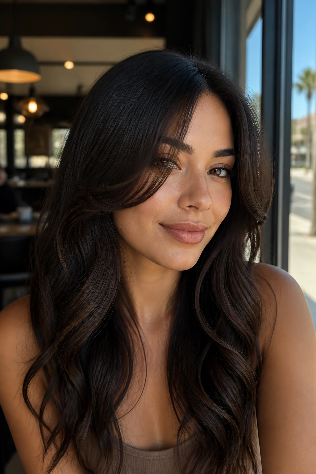 Real woman with chin-skimming face frames and long waves.