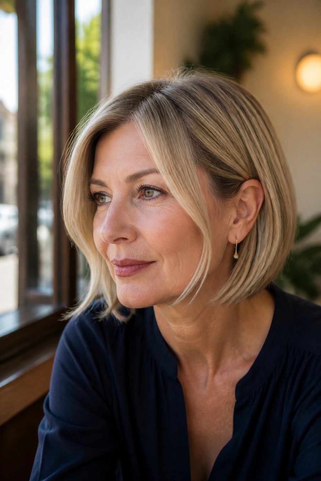Close-up of a real woman with chin-skimming face-framing lob under warm daylight.