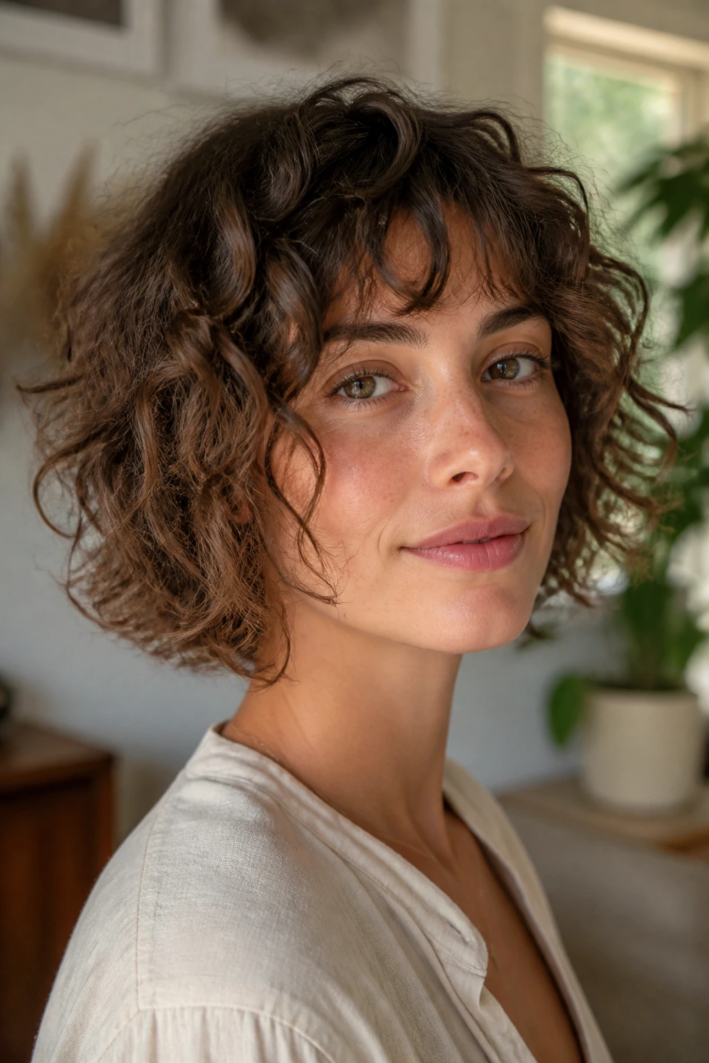 Close-up of a real woman with chin-skimming face framing and a loose fringe