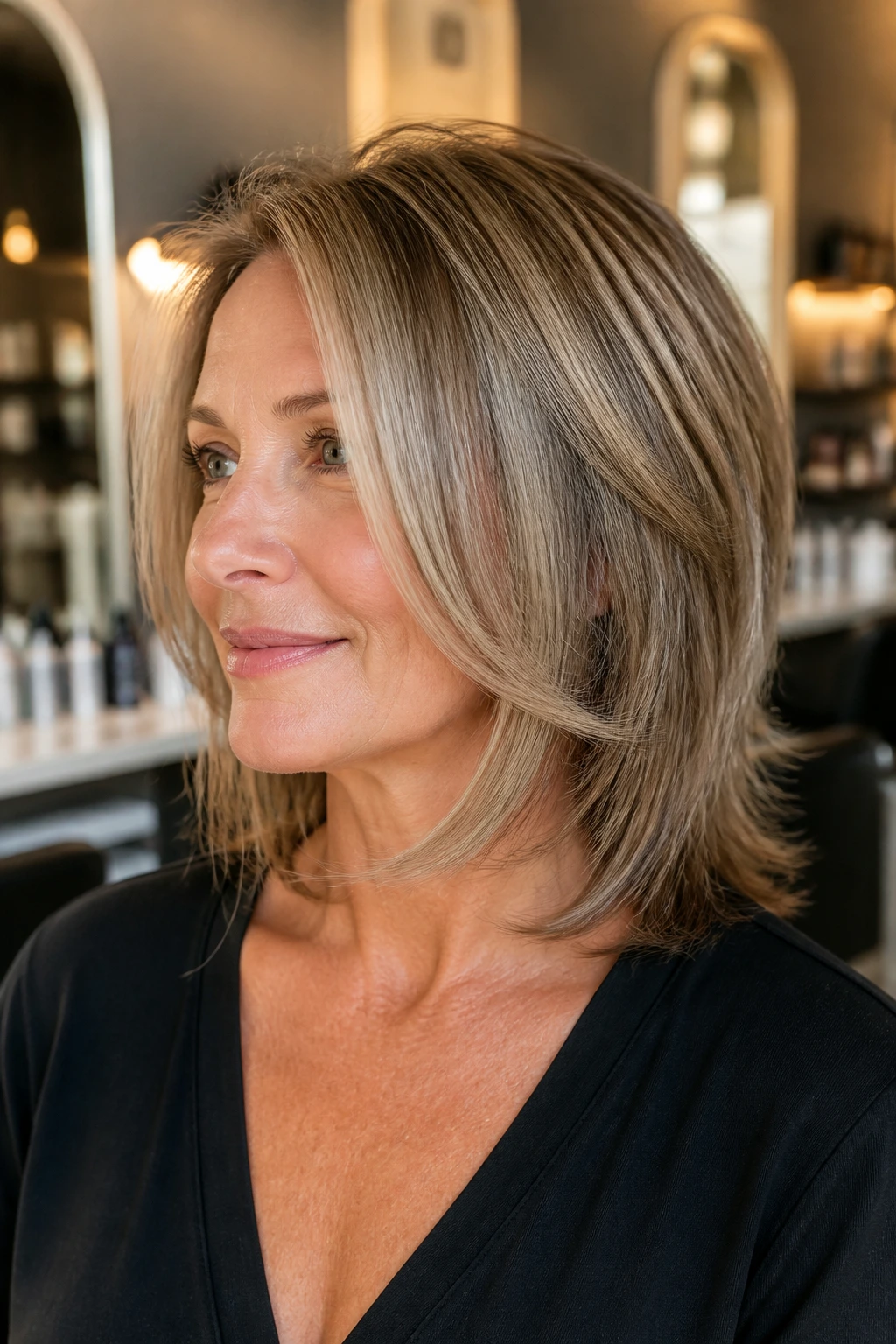 Portrait of a real woman with chin-skimming face-framing pieces in a salon