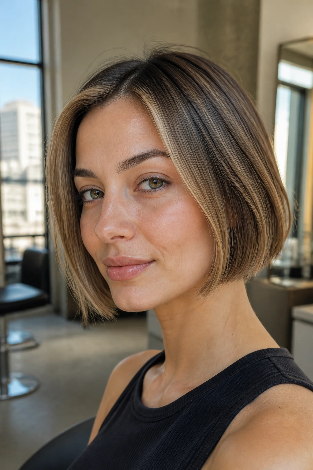 Close-up of chin-skimming French bob with soft sand babylights