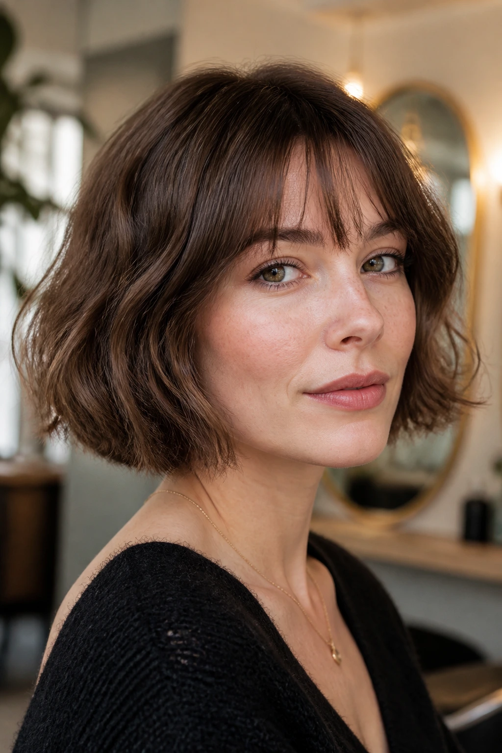 Close-up of a real woman with a chin-skimming French bob and wispy fringe