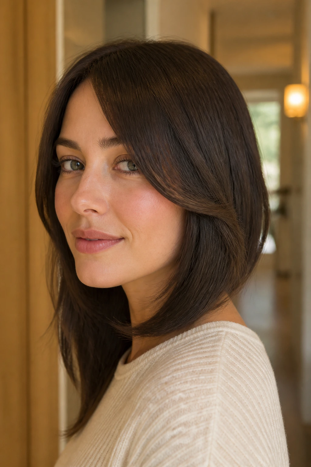 Head-and-shoulders portrait of a real woman with chin-skimming side fringe