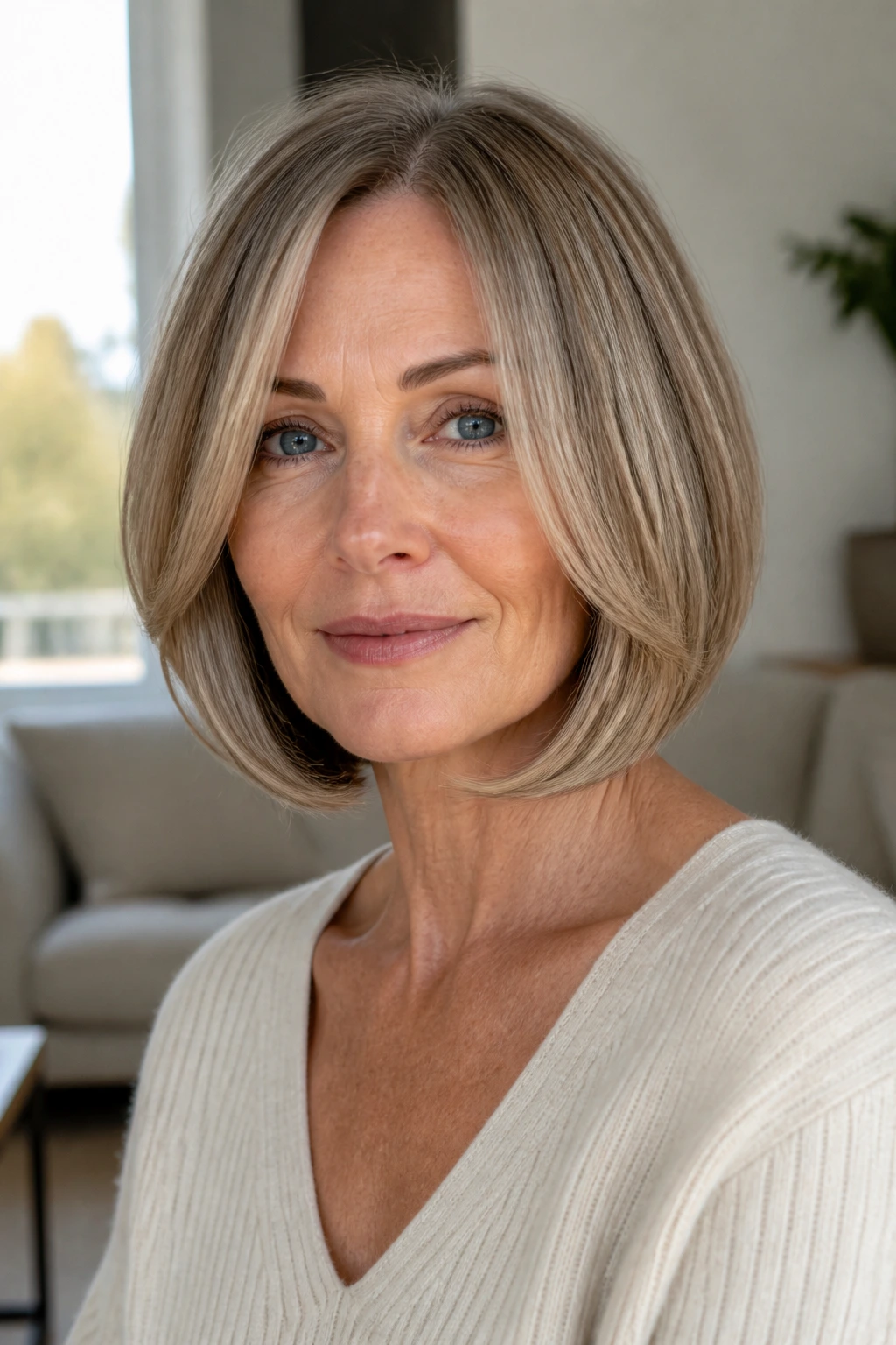 Close-up of a real woman with chin-skimming front corners framing her face