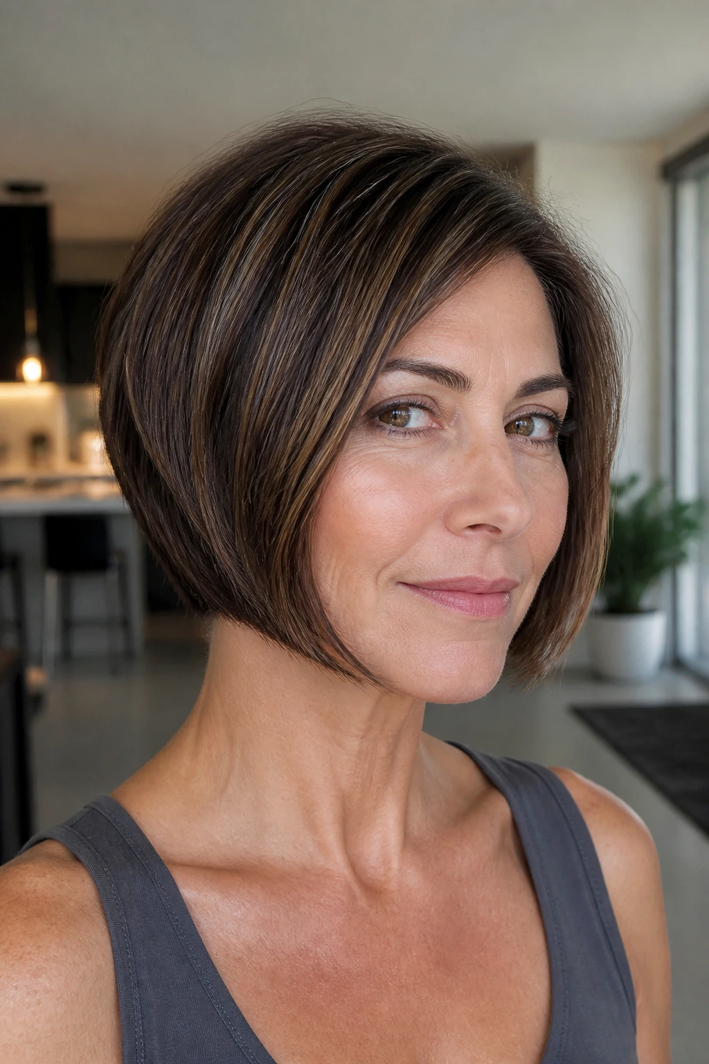 Close-up portrait of a real woman with a chin-skimming graduated bob.