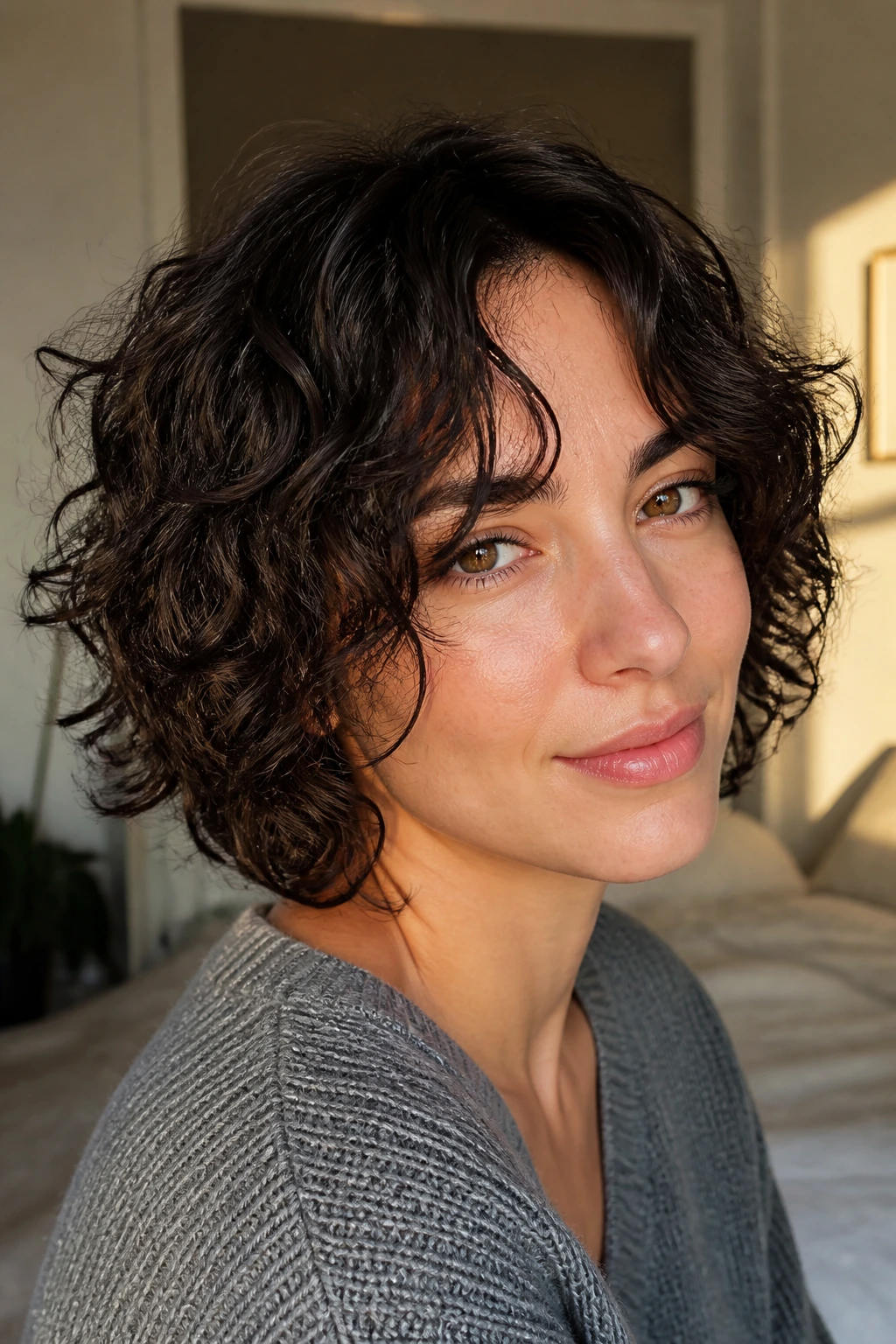 Close-up of a real woman with chin-length layered shag and curtain bangs framing her face.