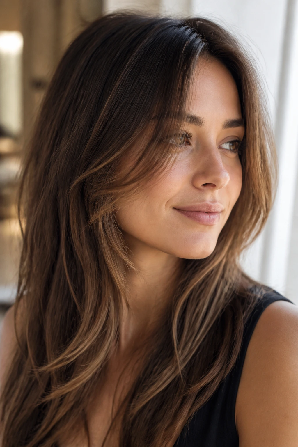 Chin-skimming front layers adding width to the lower face