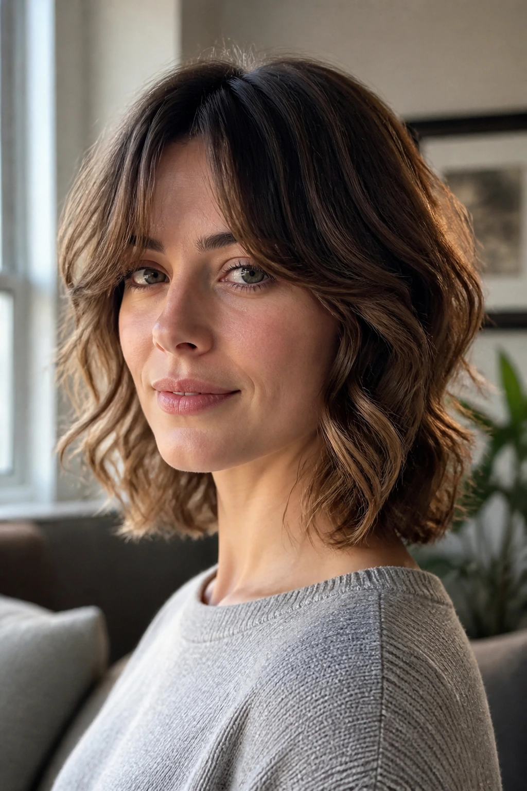 Portrait of woman with chin-skimming front bangs and longer back lob