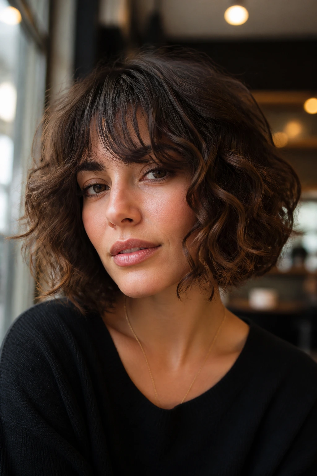 Close-up of a real person with Chin-Skimming Lob With Bottleneck Bangs in cafe window light.