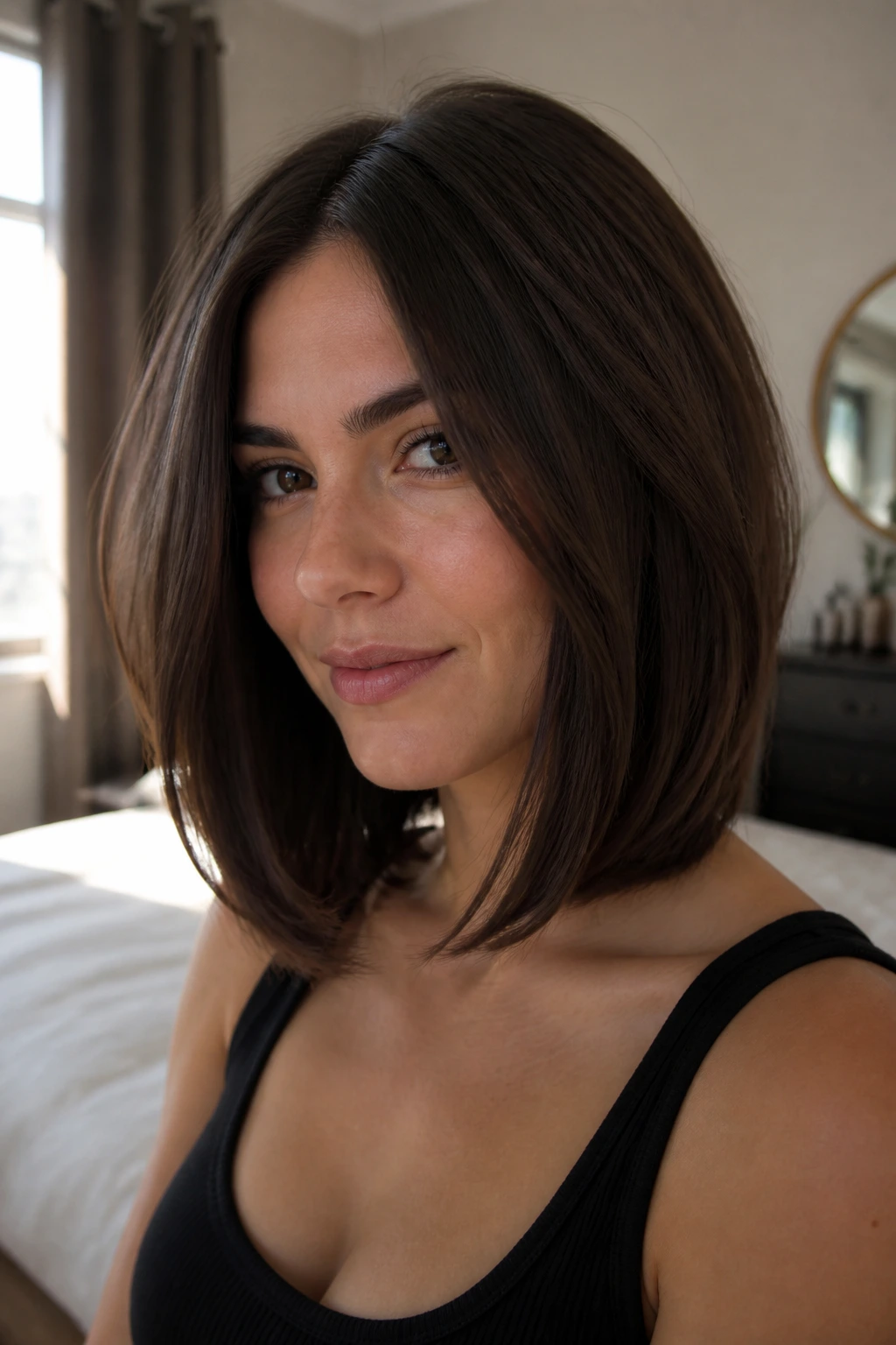 Portrait of a real woman with chin-skimming lob and long internal layers