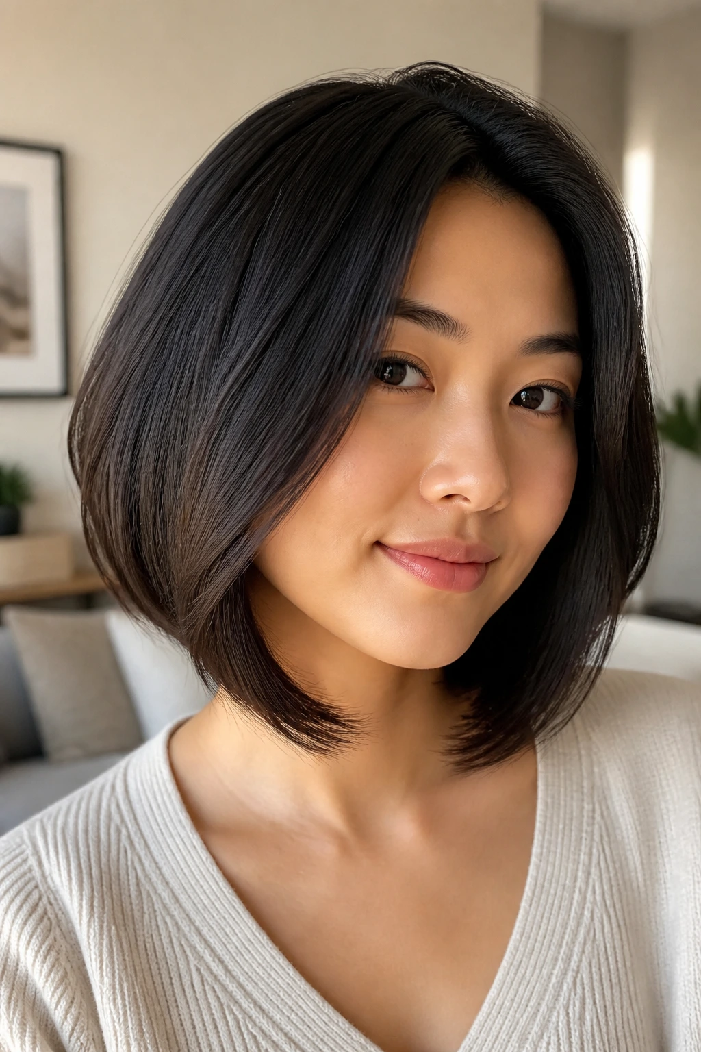 Close-up of a real woman with a chin-skimming lob where front pieces extend past the chin and bend away from the cheeks.