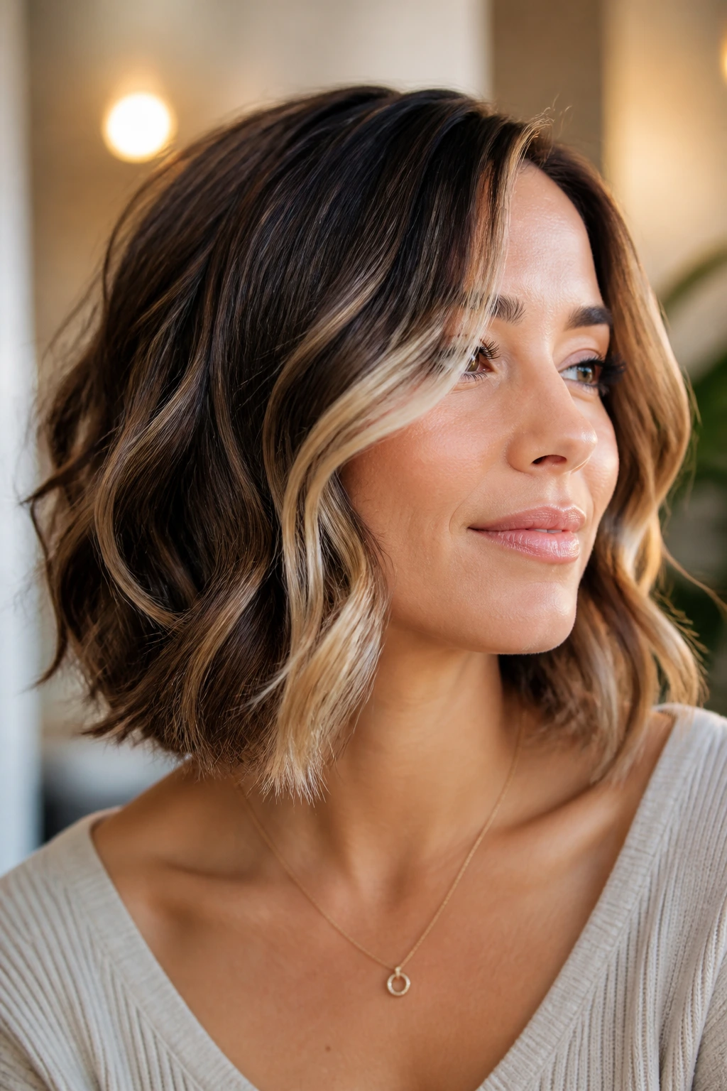 Real woman with chin-skimming lob and soft curls in warm vanity lighting