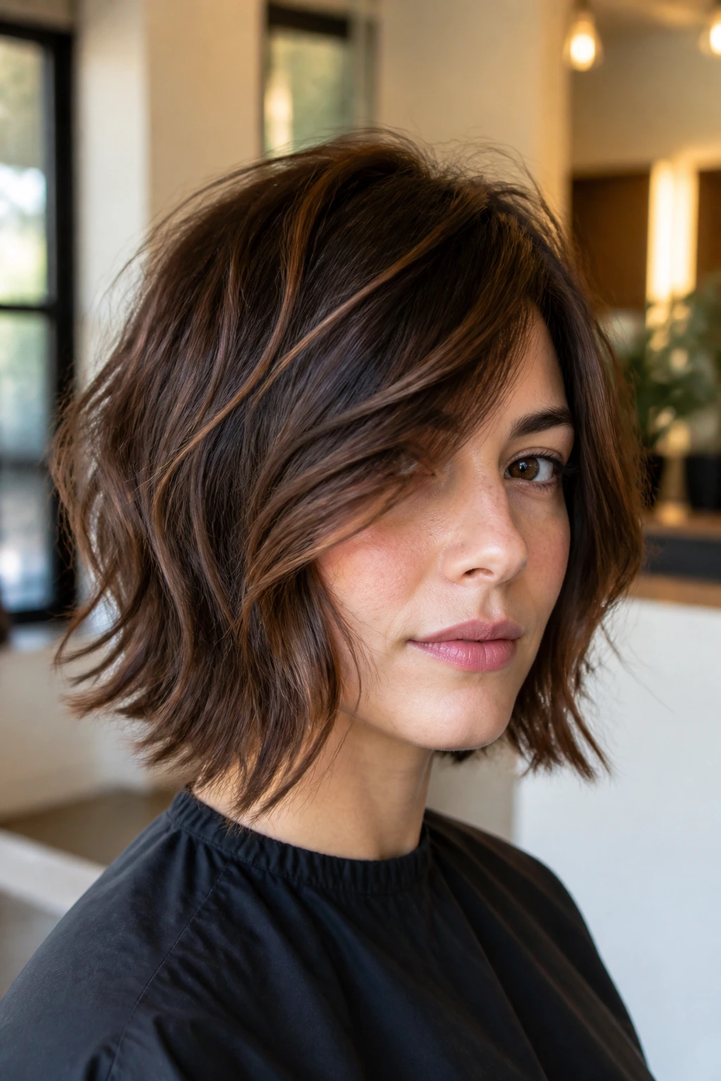 Close-up of a real woman with chin-skimming side-sweep shag and vertical front line in salon light