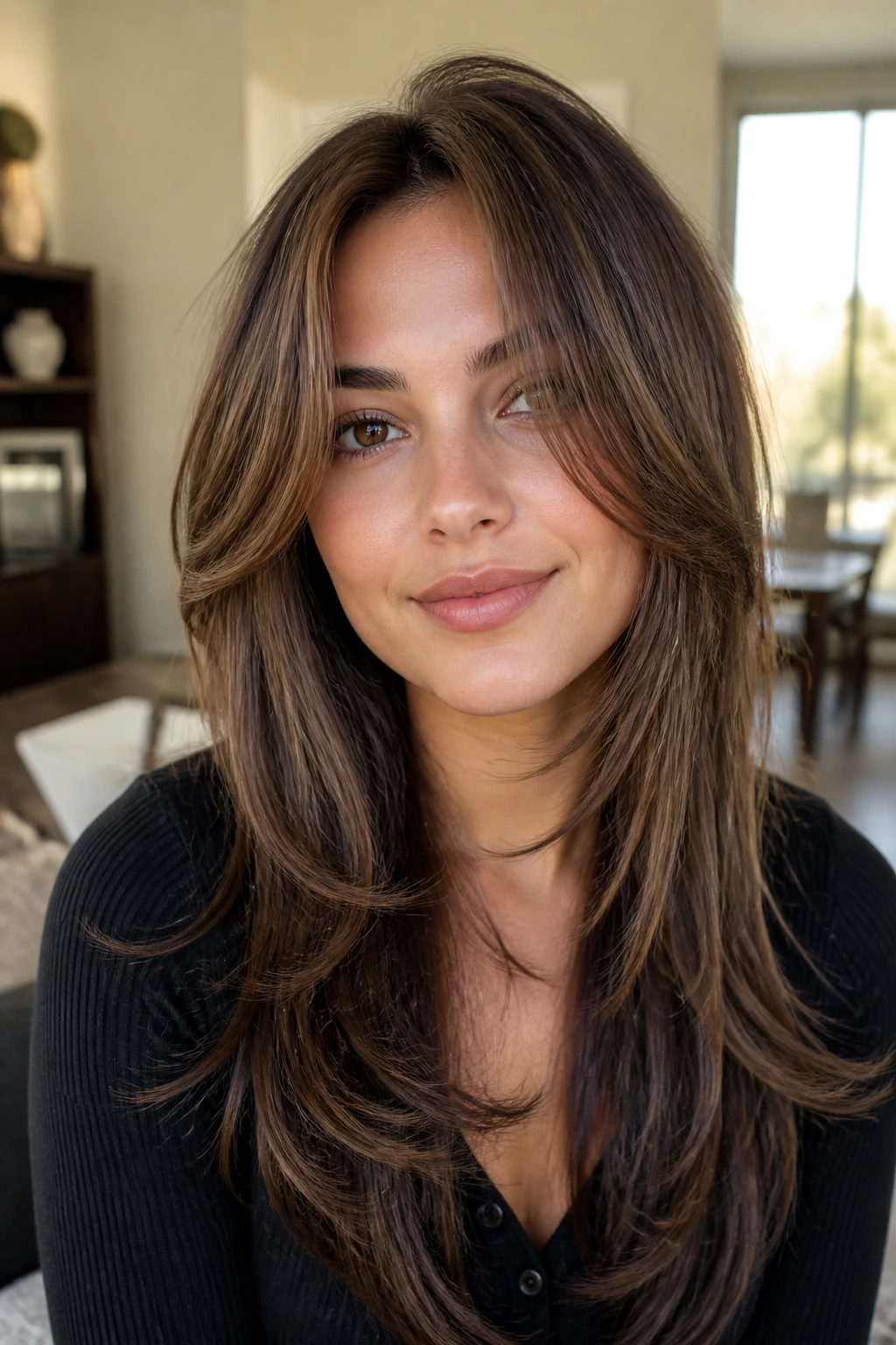 Close-up portrait of a real woman with chin-starting face frame and long length