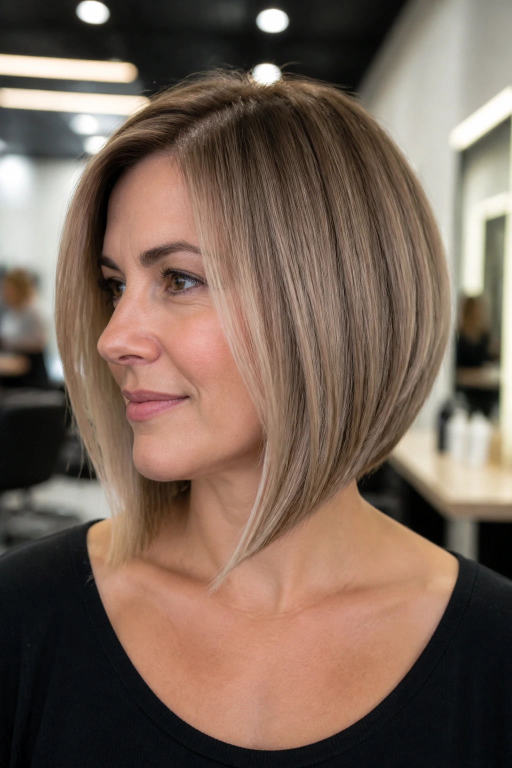 Portrait of woman with chin-to-collarbone grow-out bob