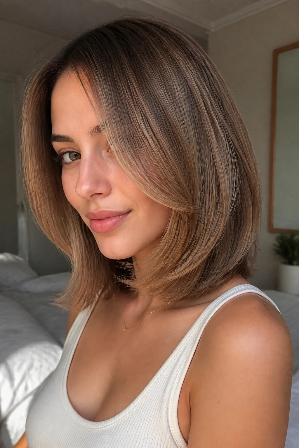 Close-up portrait of a real woman with chin-to-collarbone face-frame hairstyle in warm window light