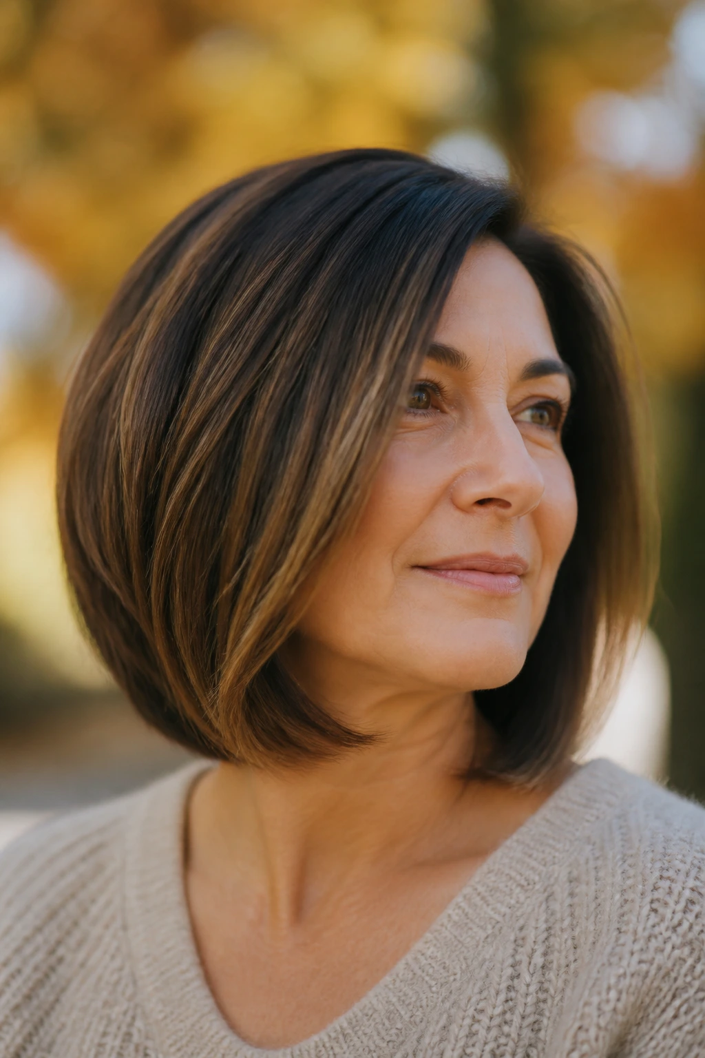 Close-up of a woman with a chin-to-shoulder angled bob