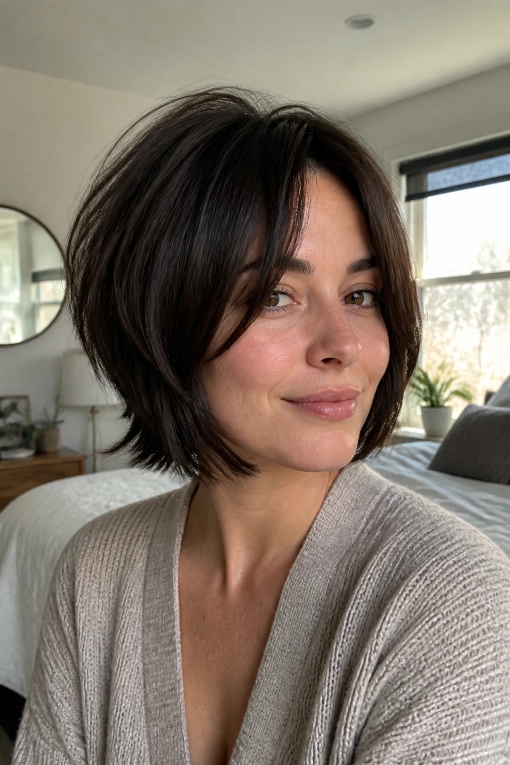 Close-up portrait of a real woman with chin-length face-framing wolf cut