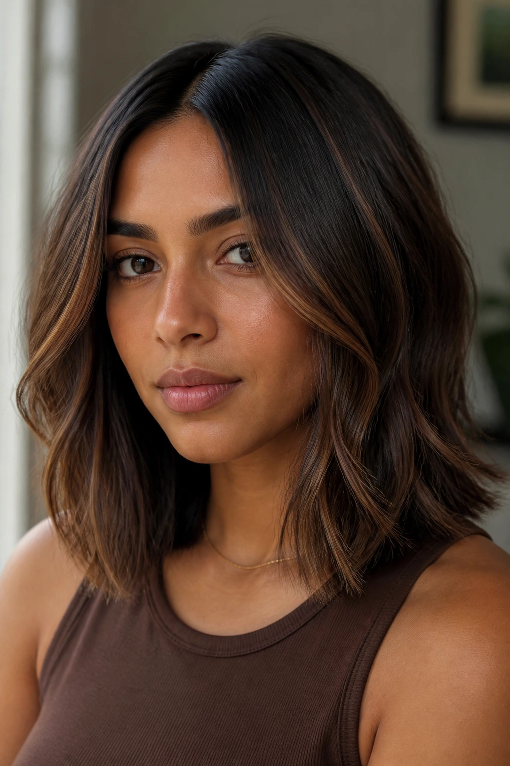 Close-up portrait of a real woman with chocolate balayage lob and center-part