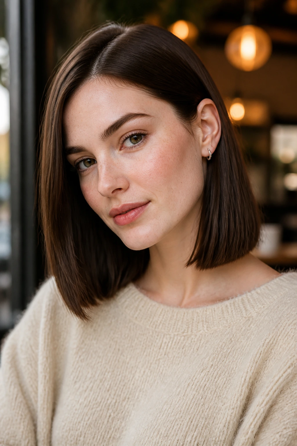 Real-person portrait with chocolate blunt cut at collarbone.