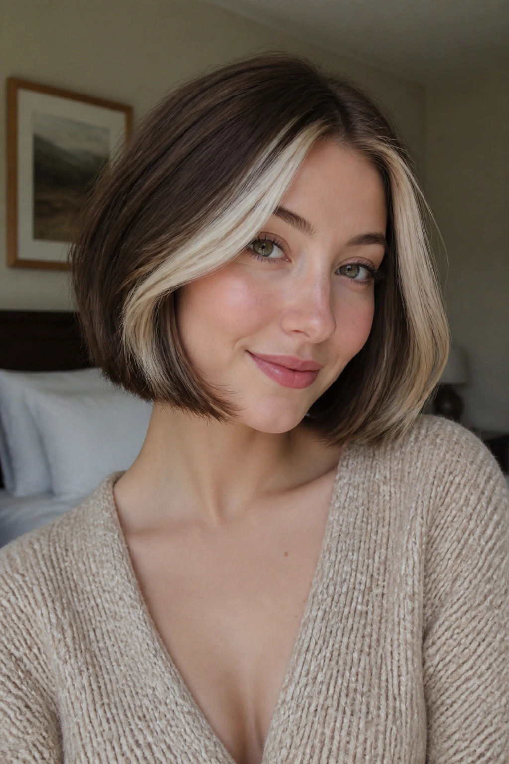 Close-up portrait of a real woman with chocolate brown bob and cream face-framing pieces in soft natural light