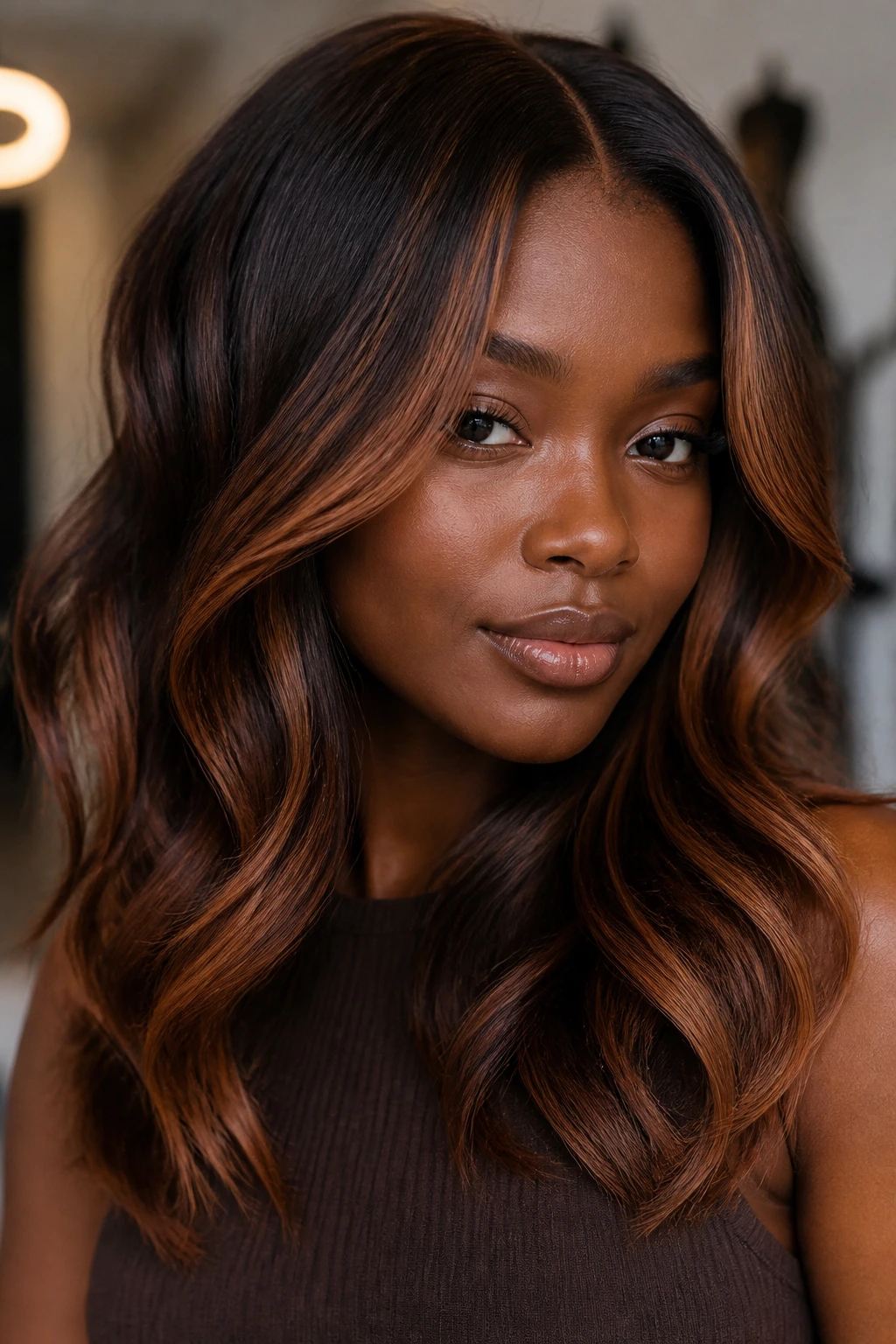 Portrait of chocolate brown hair with cinnamon balayage on deep skin