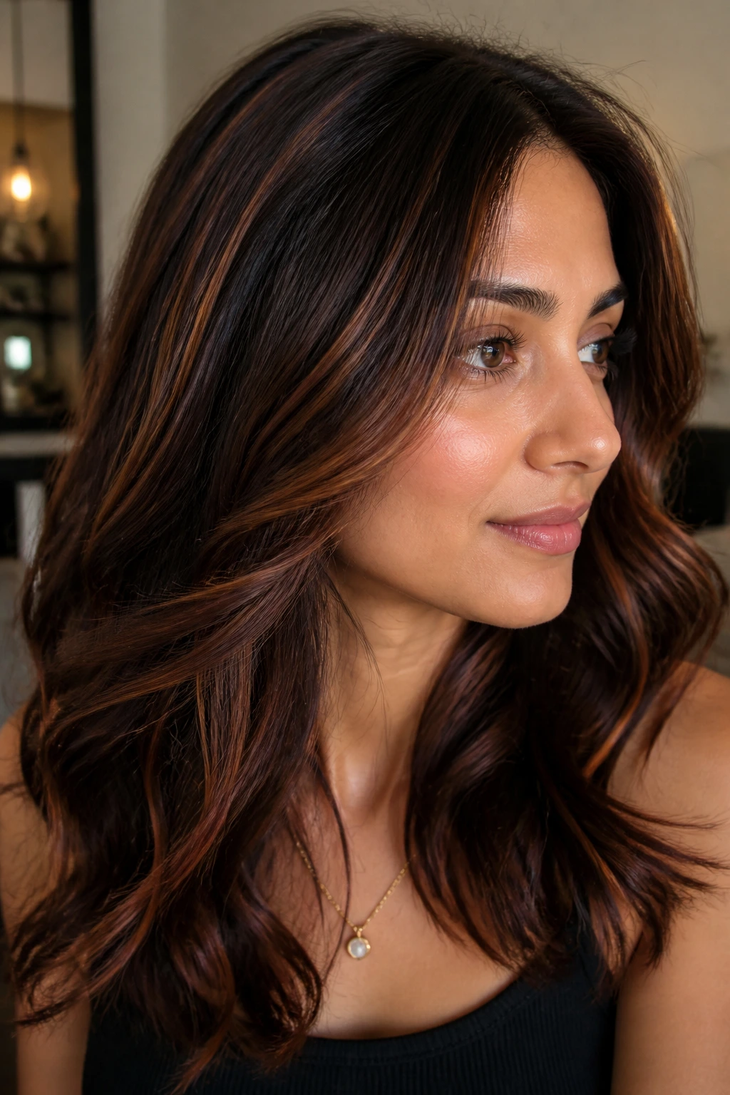 Close-up portrait with chocolate brown hair and copper threads on medium skin