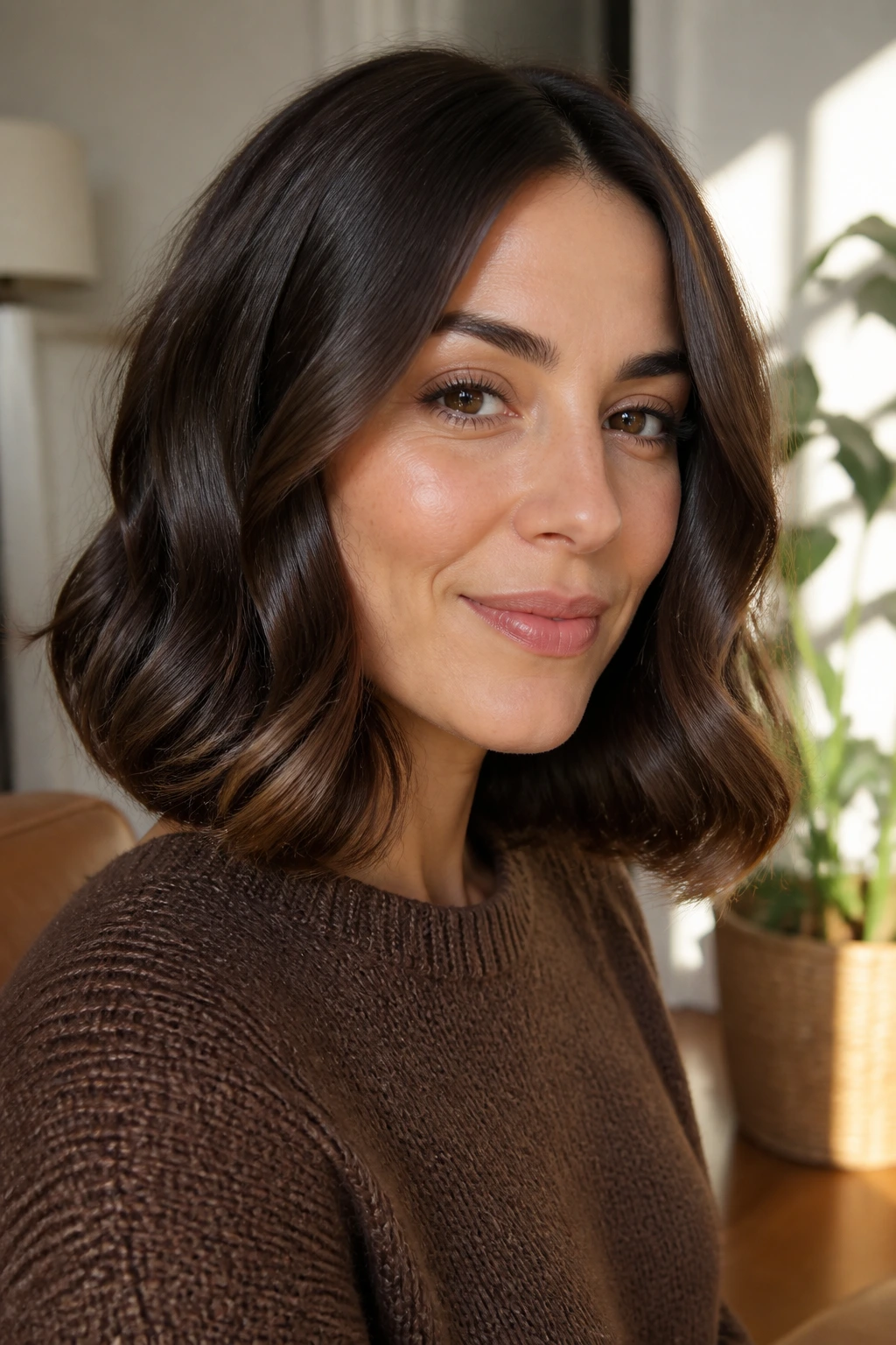 Close-up portrait of a real woman with a chocolate brown wavy lob and rounded ends