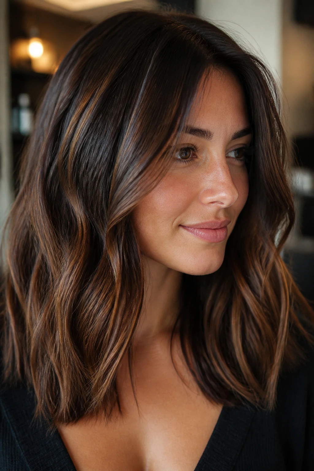Close-up of dark brunette hair with chocolate-caramel dimension on a real person