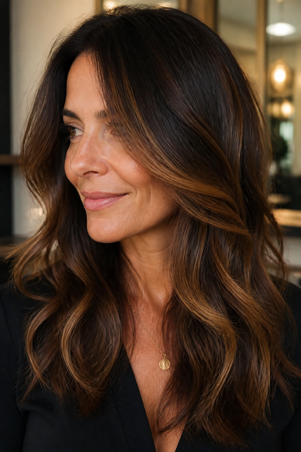 Close-up of a real woman with chocolate caramel hair and caramel highlights around the face.