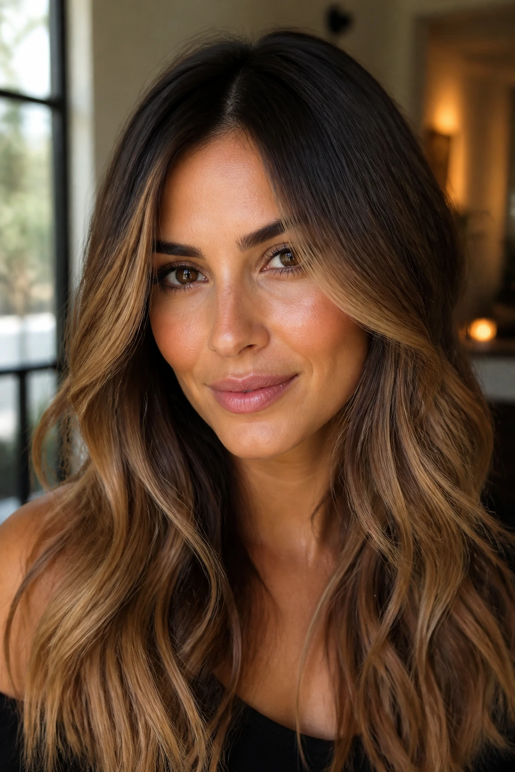 Close-up portrait of a real woman with chocolate to caramel melt and shadow root on olive skin
