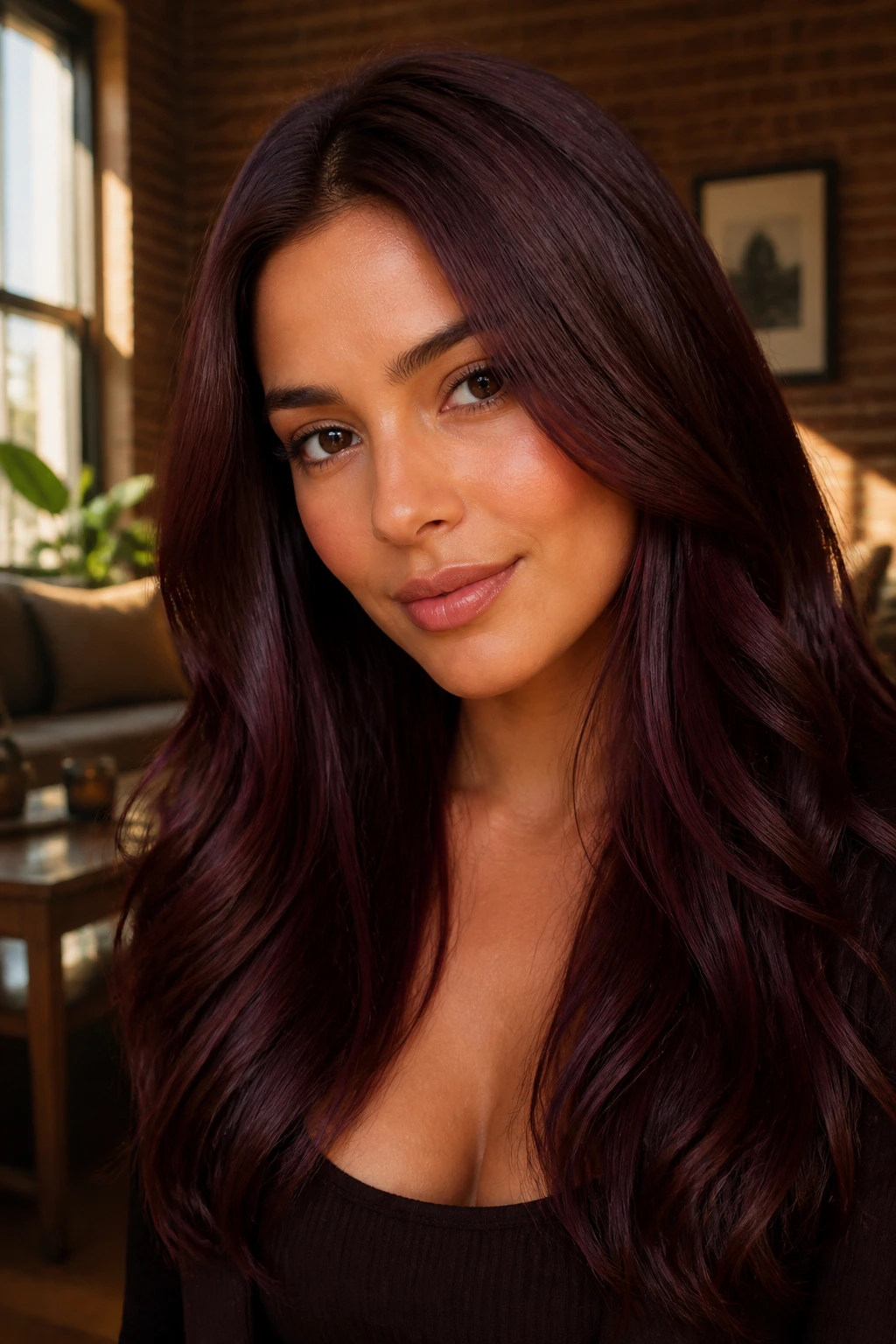 Close-up of a real woman with Chocolate Cherry Brown hair—deeper brown with cherry sheen.