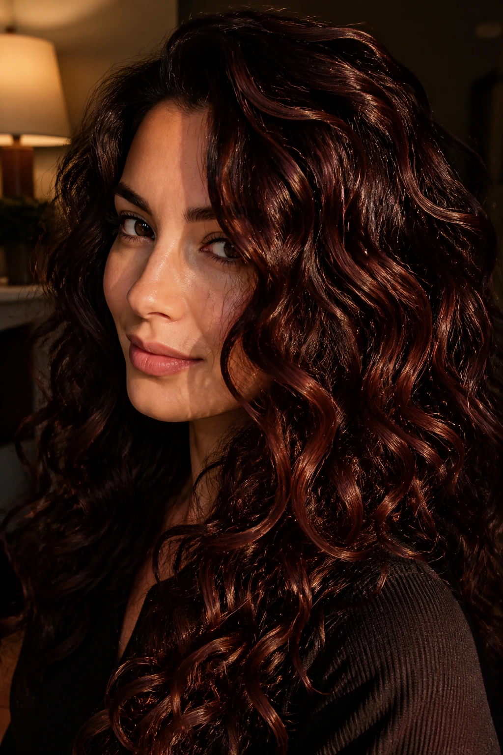 Real woman with chocolate cherry balayage on glossy curls close-up